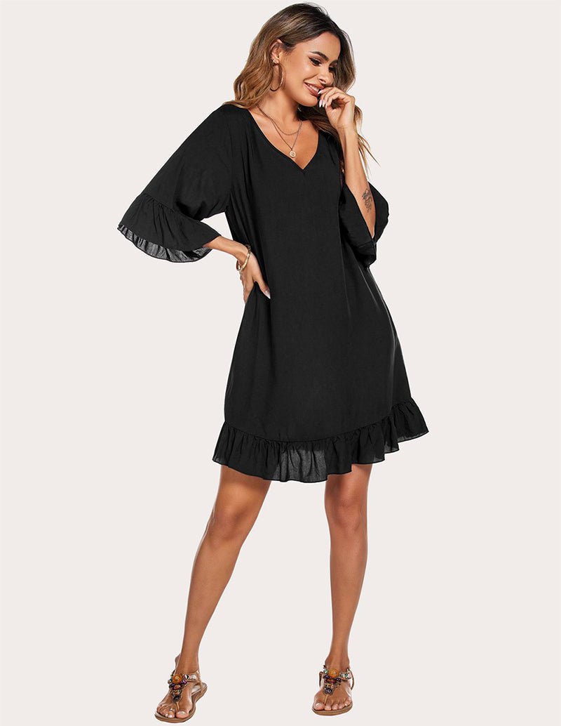 Black ruffled hem sleep dress with V-neck and flounced hemline