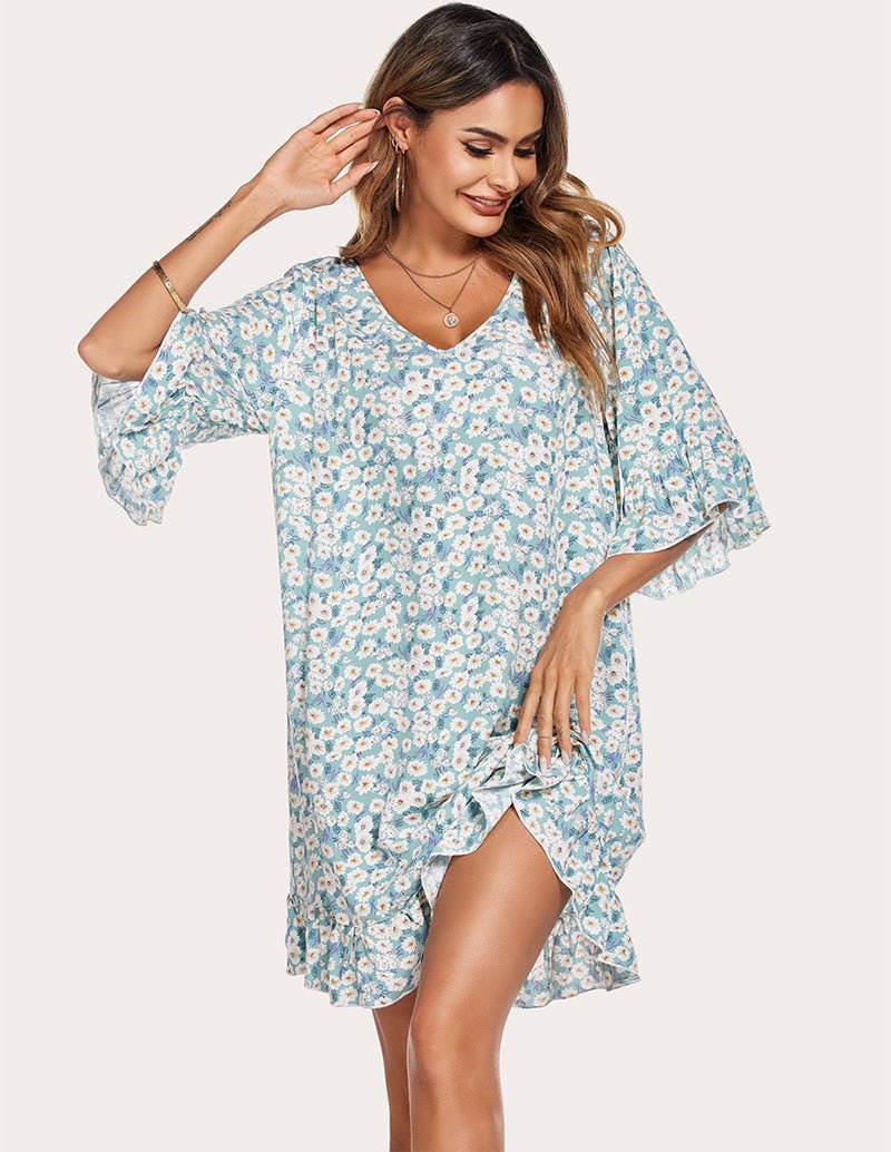 Blue floral sleep dress with V-neck, ruffled hem and side slit