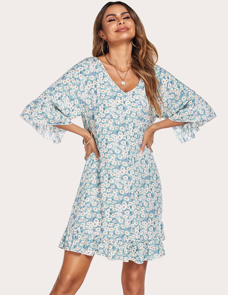 Blue floral sleep dress with V-neck and flared sleeves, ruffled hem