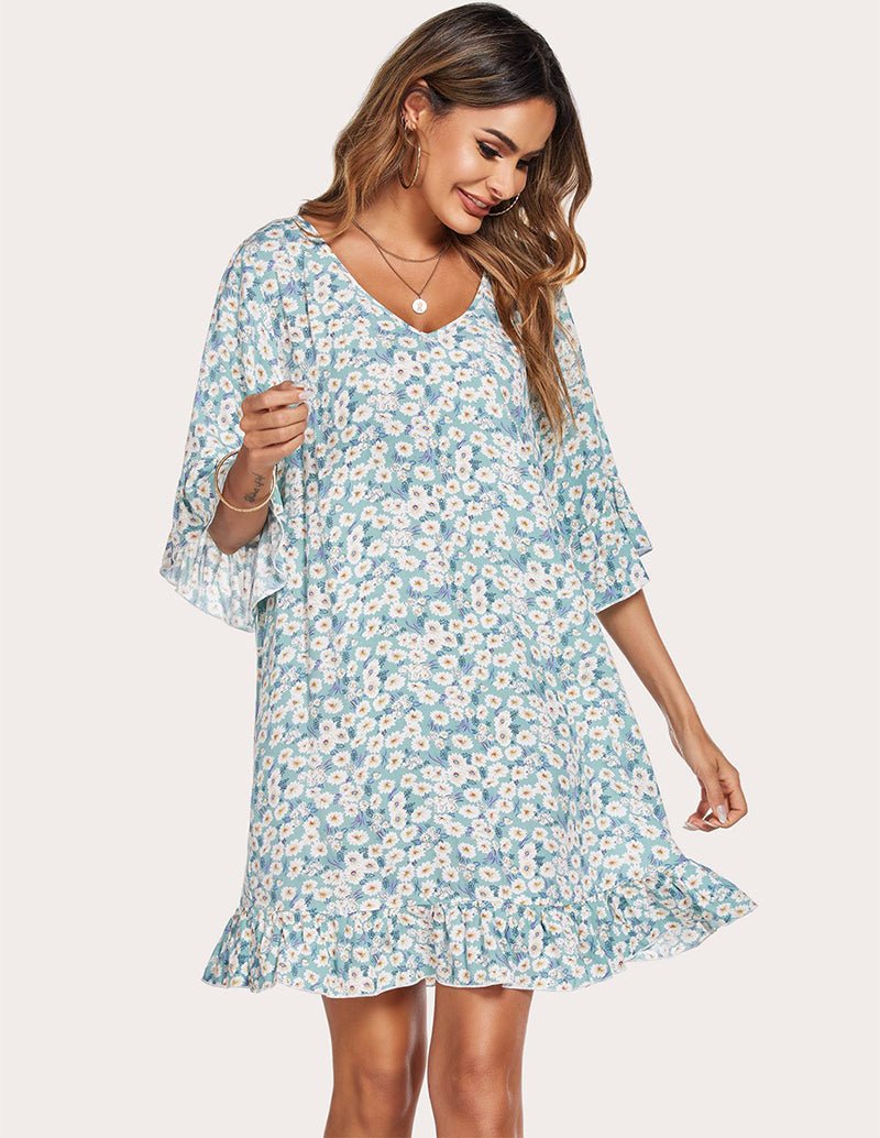 Blue floral sleep dress with V-neck and ruffled hem, elbow-length sleeves
