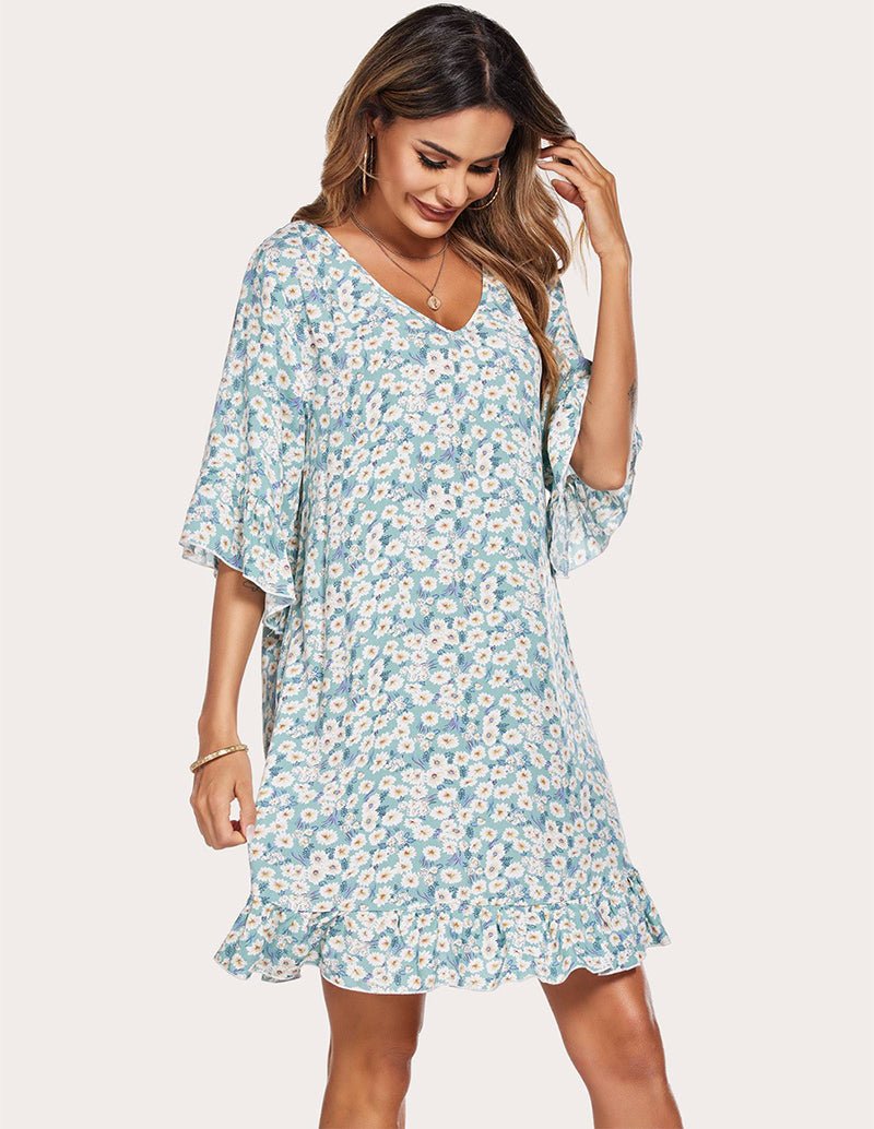 Blue floral sleep dress with V-neck and 3/4 sleeves, ruffled hem