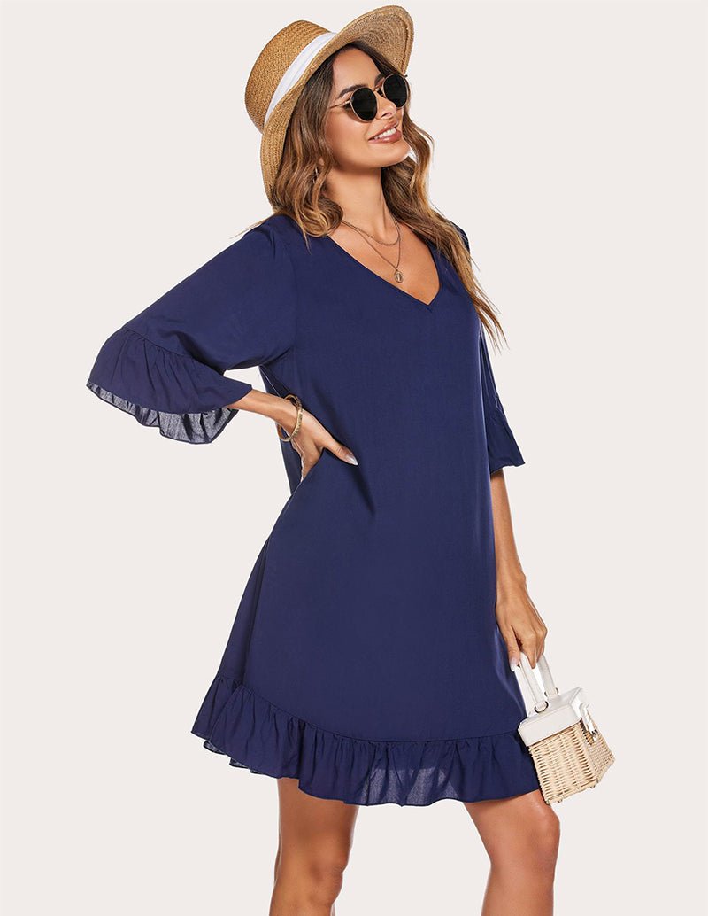 Navy blue ruffled hem sleep dress with V-neck and tiered ruffle hem detail