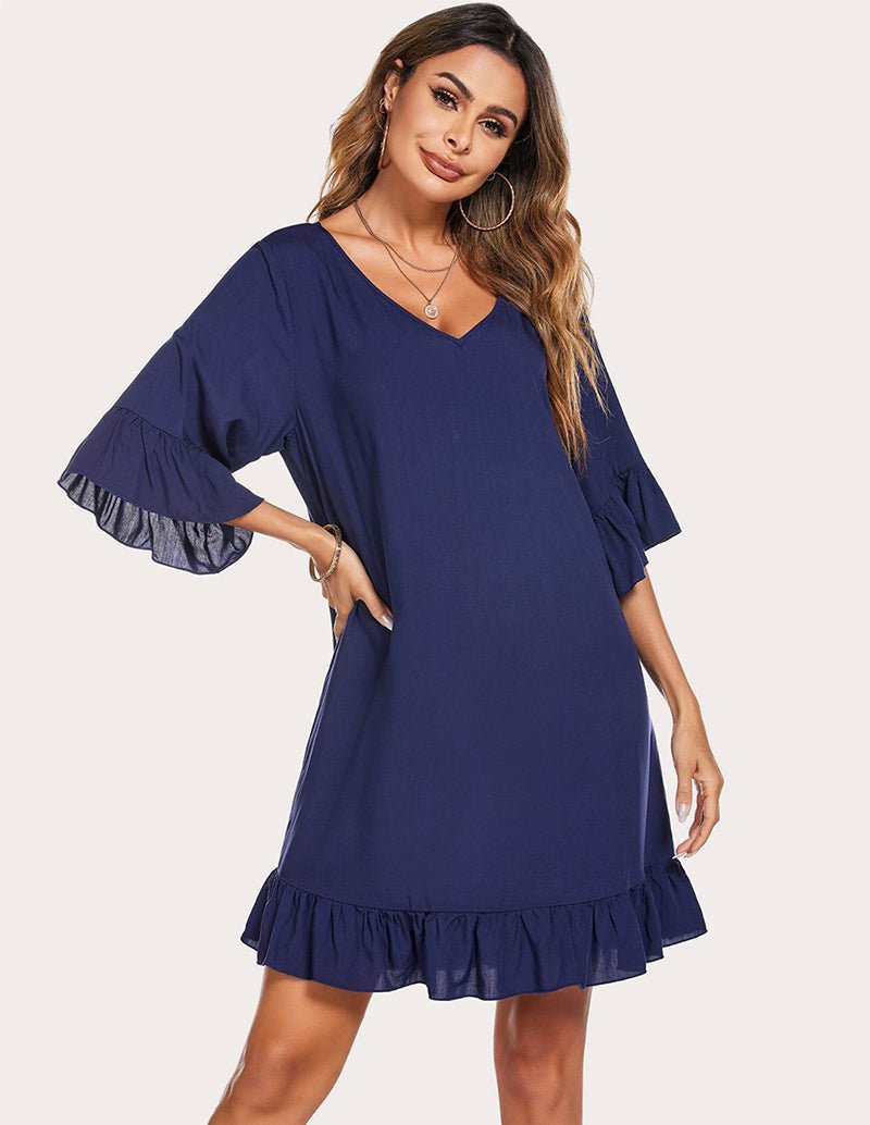Navy blue ruffled hem sleep dress with V-neck and three-quarter bell sleeves
