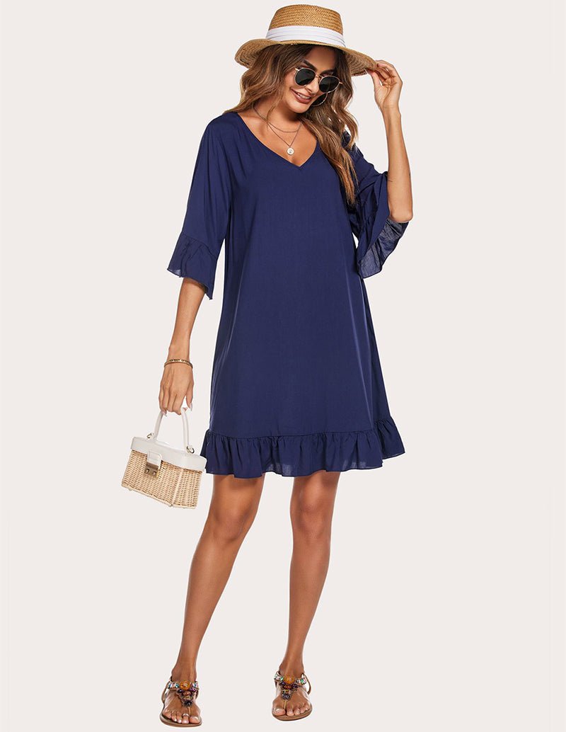 Navy blue ruffled hem sleep dress with V-neck and three-quarter gathered sleeves