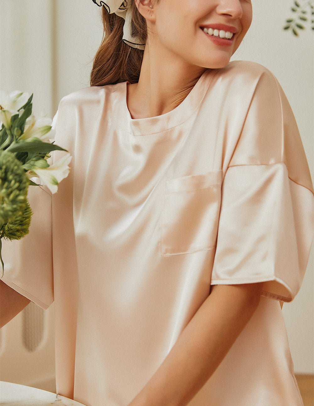 Champagne satin pajama top with chest pocket and smooth sheen