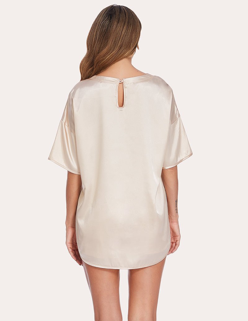 Champagne satin pajama set, back view: keyhole neckline and matching shorts