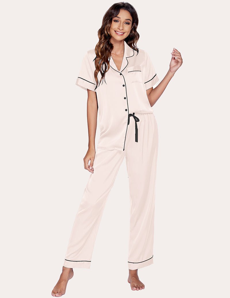 Beige Pink Satin Schlafanzug-Set: Kurzarmhemd mit Knöpfen, lange Hose mit Kordel