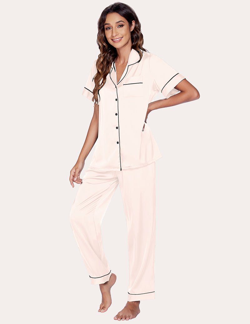 Beige Pink Satin Schlafanzug mit kontrastfarbenem Piping: Hemd und lange Hose