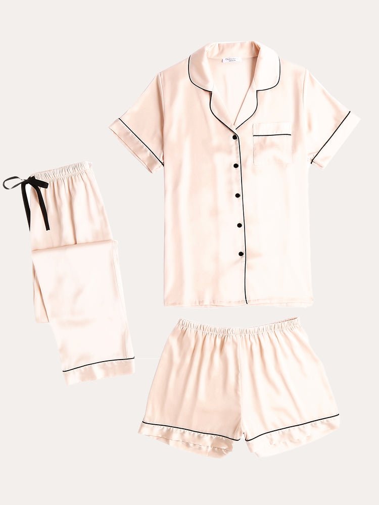 Beige Pink Satin 3-teilig: Kurzarmhemd, lange Hose und kurze Hose mit Kordelbund