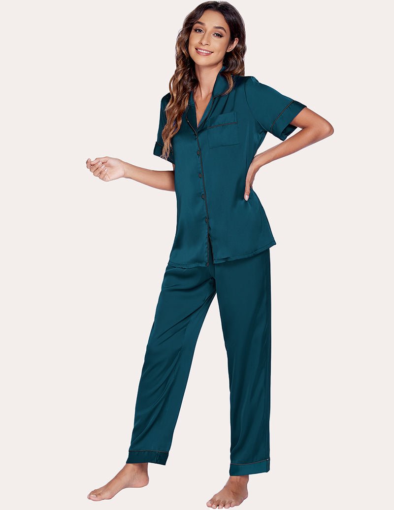 Dark green satin pajama set: short-sleeve button shirt and cropped pants