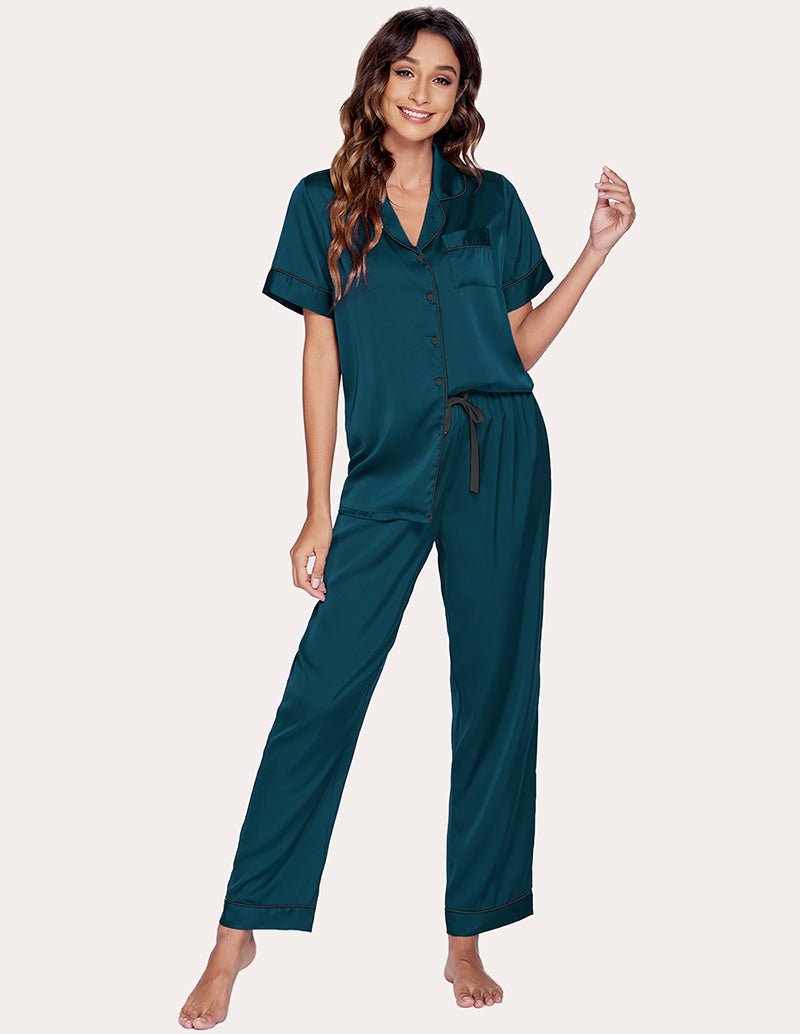 Dark Green Satin Schlafanzug: Kurzarmhemd mit Knopfleiste, lange Hose mit Kordel