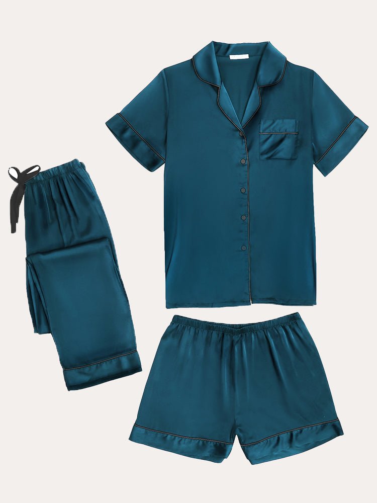 Dark green satin pajama set: short-sleeve button shirt, drawstring shorts, folded pants