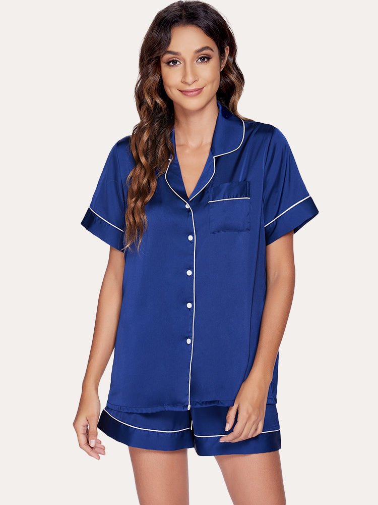 Navy blue satin pajama set with contrast trim: button shirt and elastic waist shorts