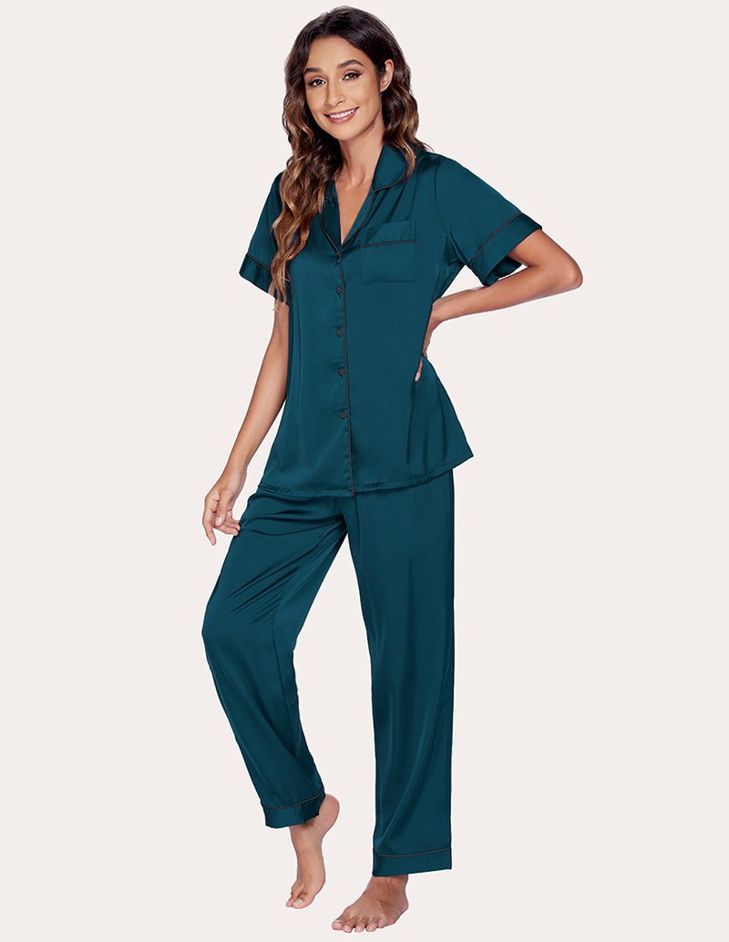 Dark green satin pajama set: short-sleeve button shirt and tapered cropped trousers