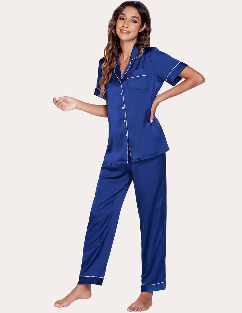 Navy blue satin pajama set: button shirt and tapered cropped trousers