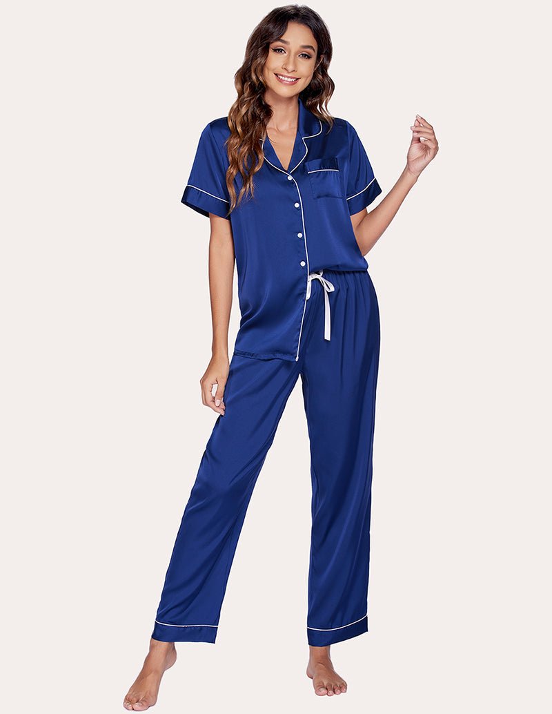 Navy blue satin pajama set: short-sleeve button shirt and drawstring pants