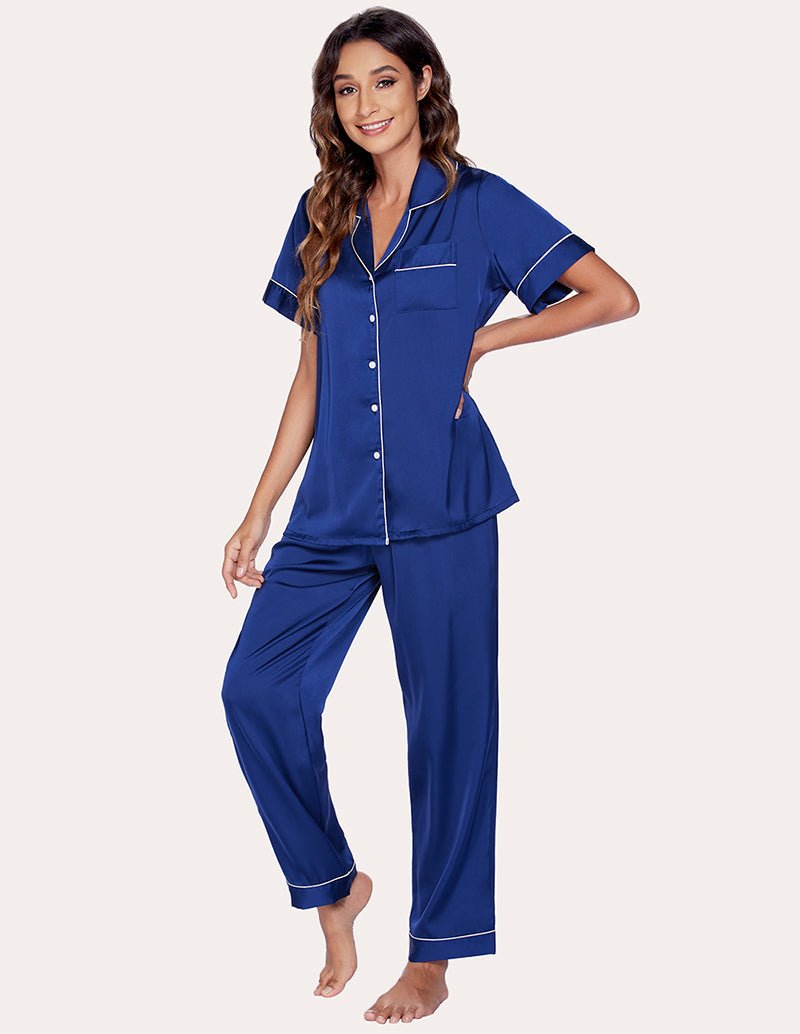 Navy blue satin pajama set: short-sleeve button shirt and cuffed cropped pants
