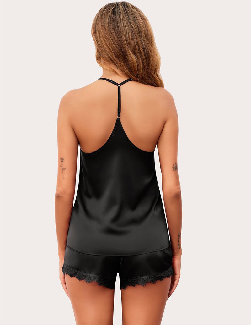 Black back view: satin camisole with lace-trim strap back and matching shorts