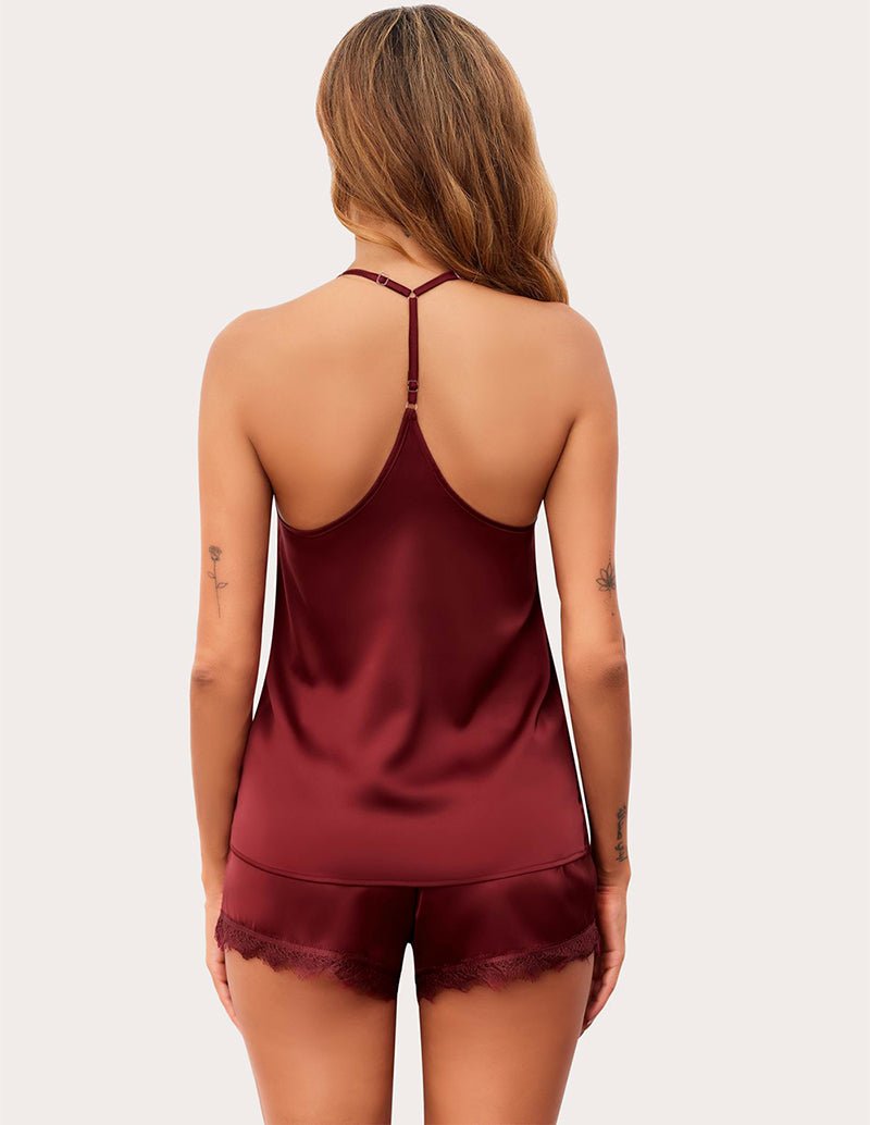 Wine red satin cami pajama set with racerback and lace-trim shorts