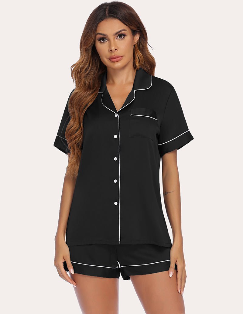 Black satin shirt and shorts set with button front and contrast piping