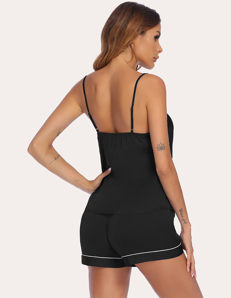 Ekouaer Satin Cami mit Shorts (Rückansicht), Schwarz, verstellbare Träger