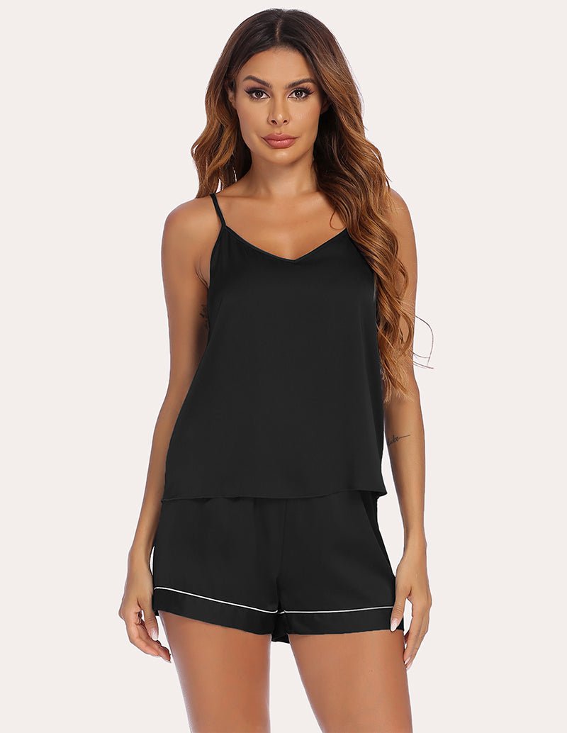 Ekouaer Satin Cami mit Shorts, Schwarz, Spaghettiträger und V-Ausschnitt