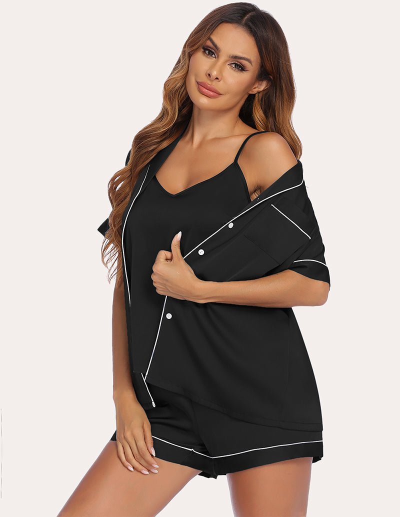 Black satin camisole and shorts set with cold-shoulder sleeves and piped trim