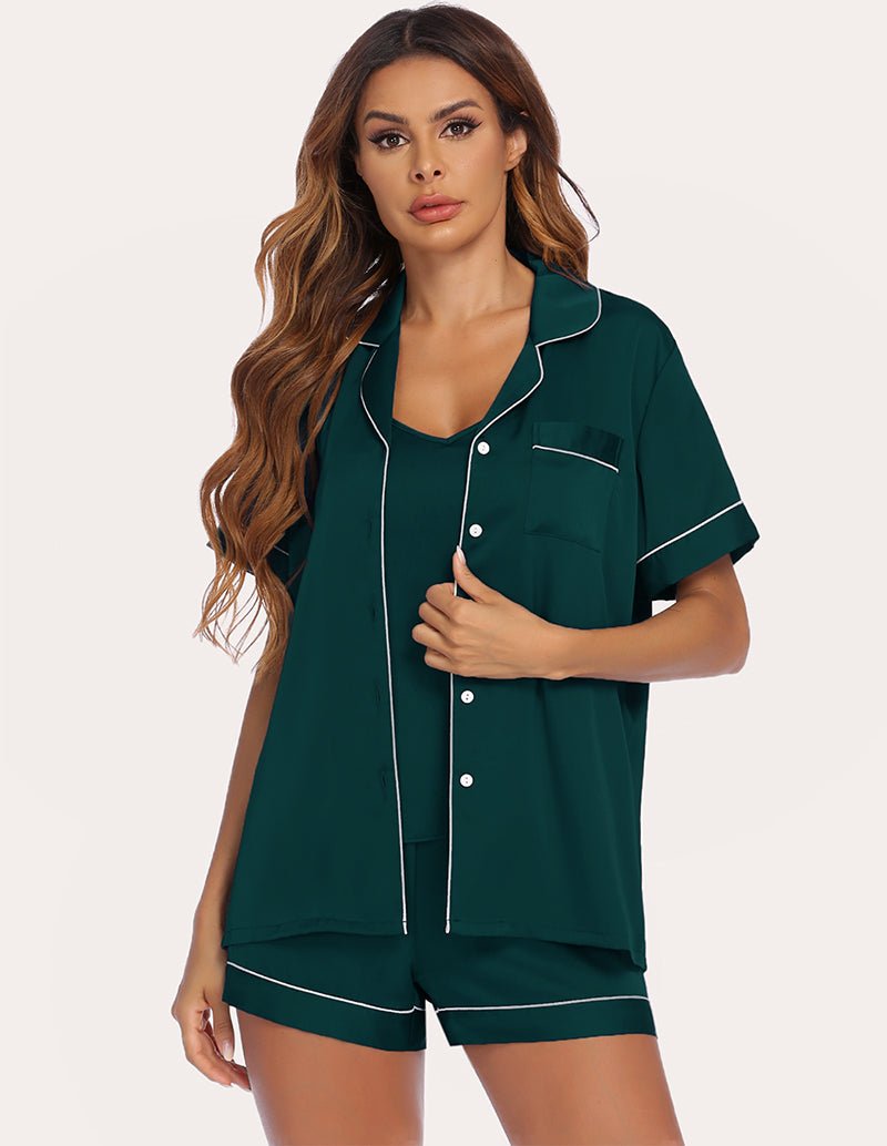 Dark green satin shirt and shorts set with button front and contrast piping
