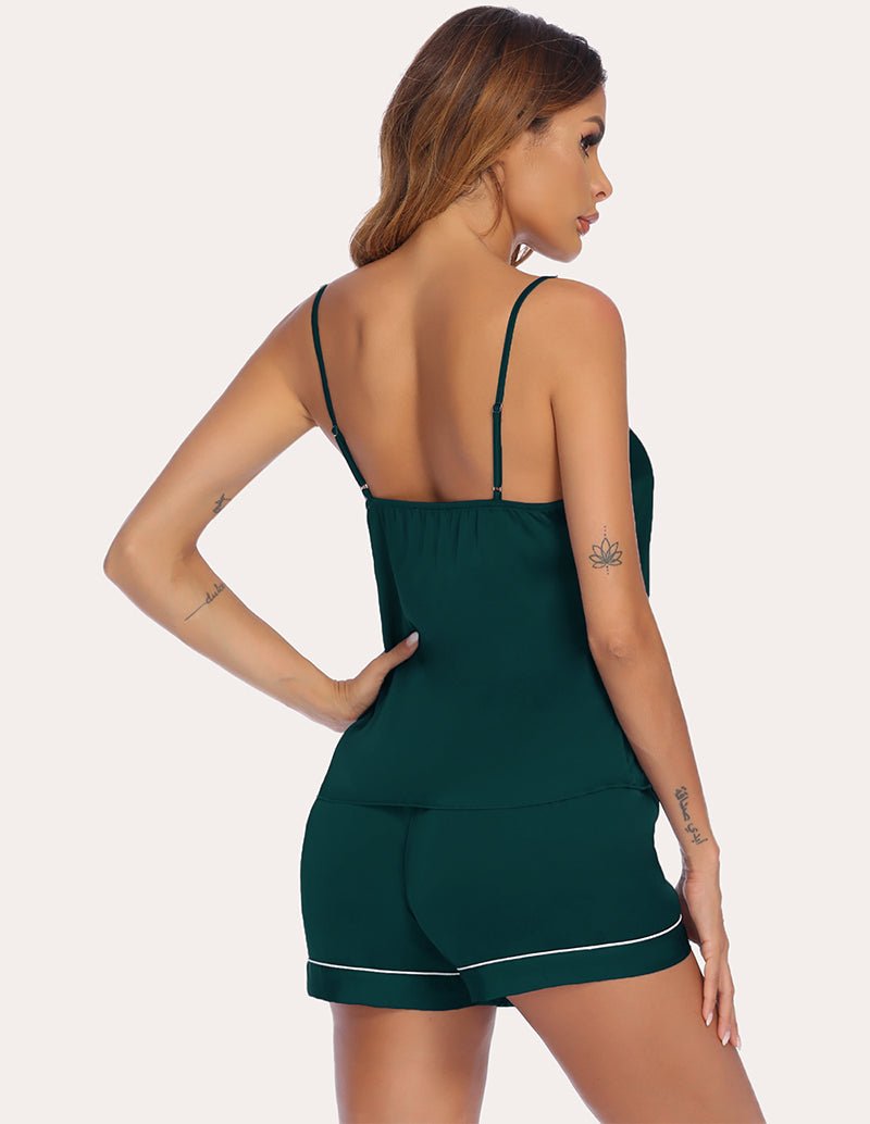 Dark green satin cami and shorts set, racerback camisole with contrast piping