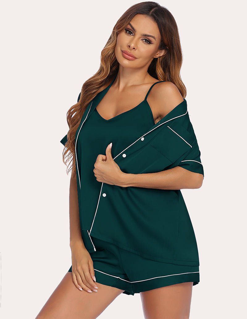 Dark green satin camisole and shorts set with cold-shoulder sleeves and piped trim