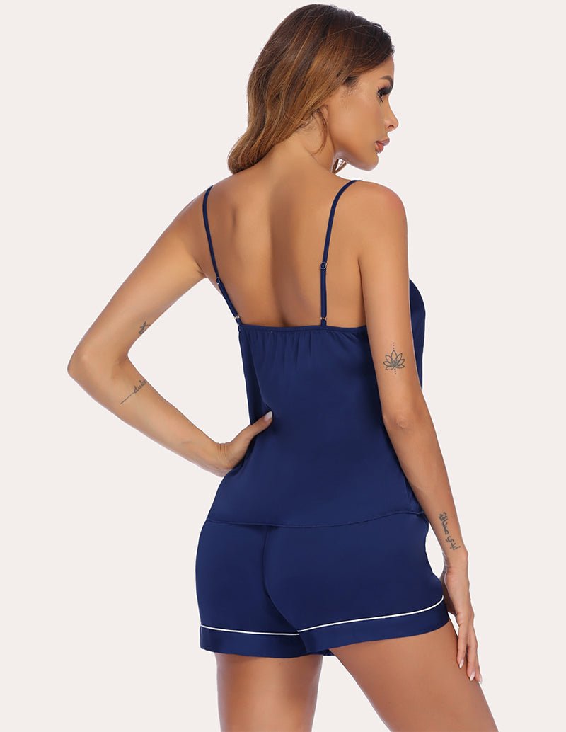 Navy satin cami and shorts pajama set, thin straps, contrast trim