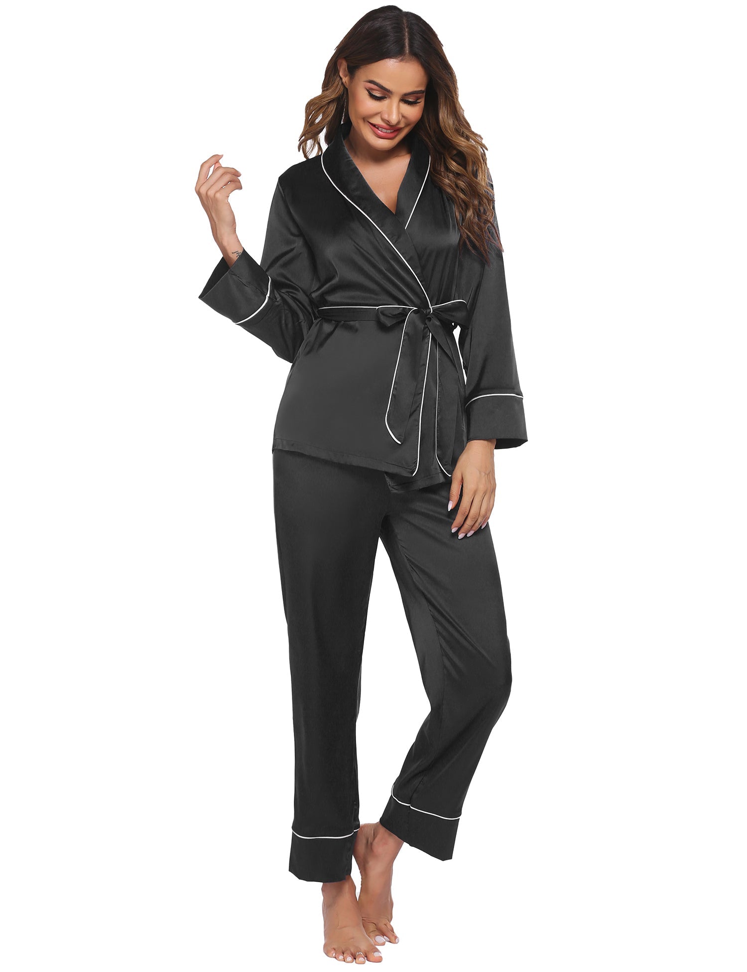 Black satin pajama set, long sleeves with contrast piping, waist-tied top and pants