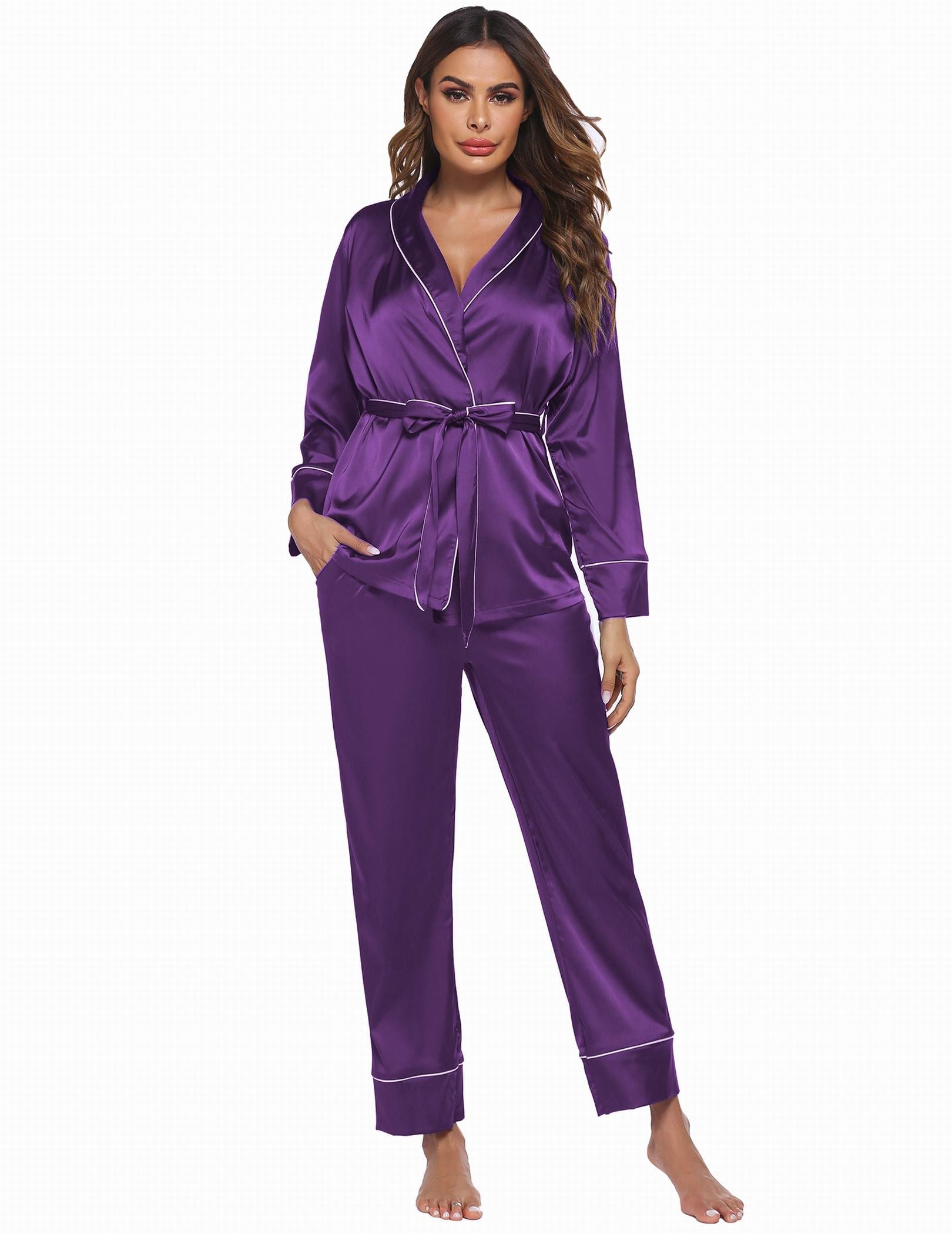 Satin long-sleeve pajama set, purple with contrast piping and tie-waist top