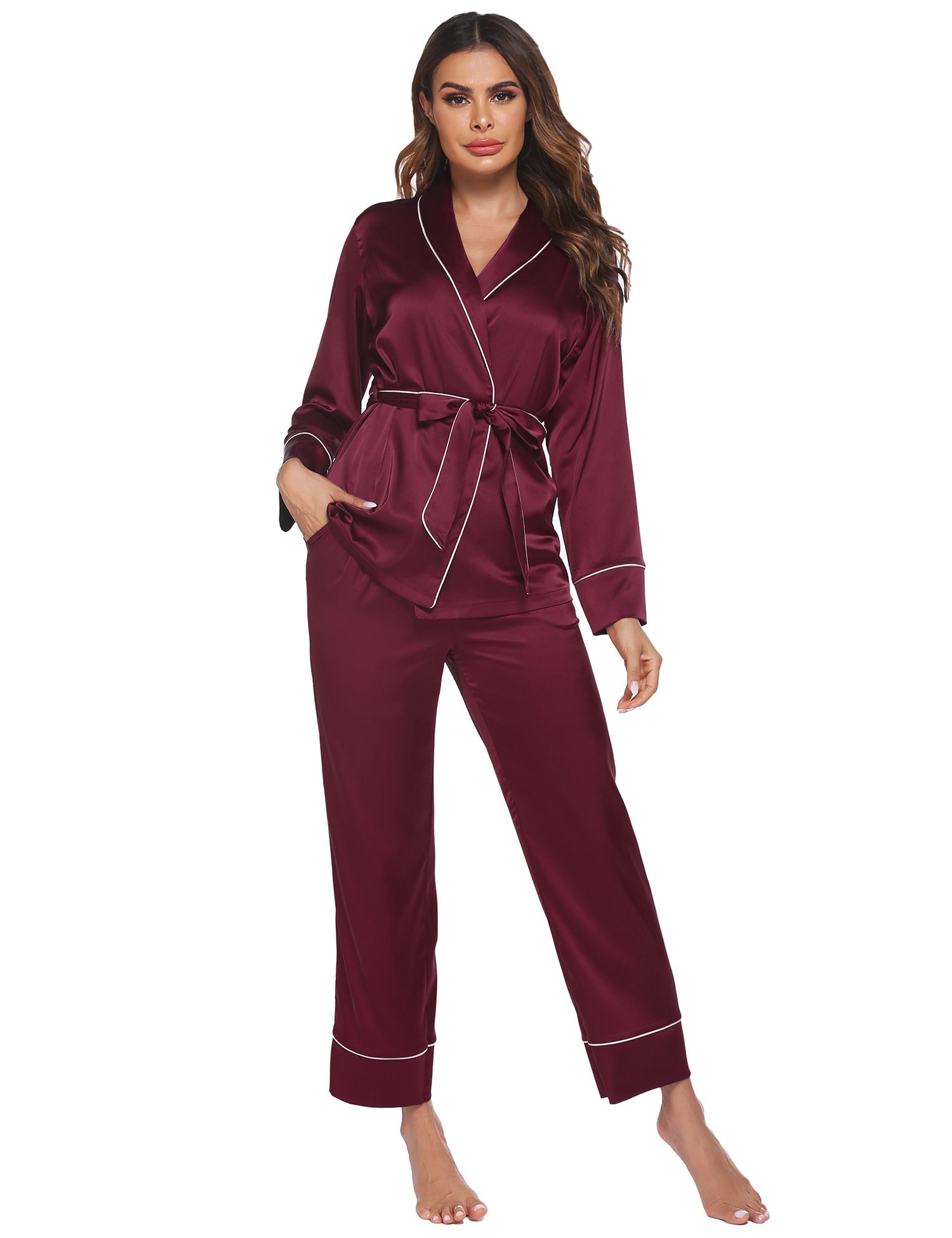 Satin long-sleeve pajama set, deep burgundy with piping, drawstring tie front