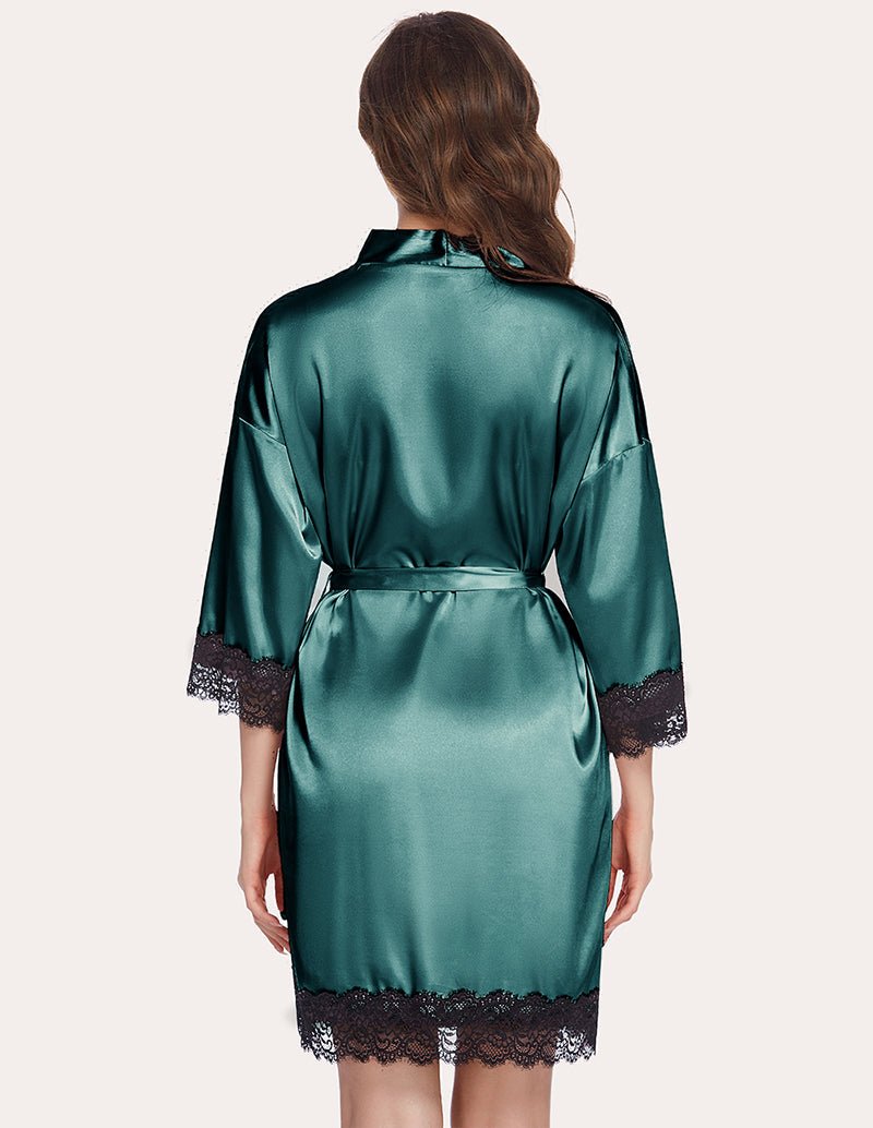 Teal satin robe, back view with waist tie and black lace cuffs