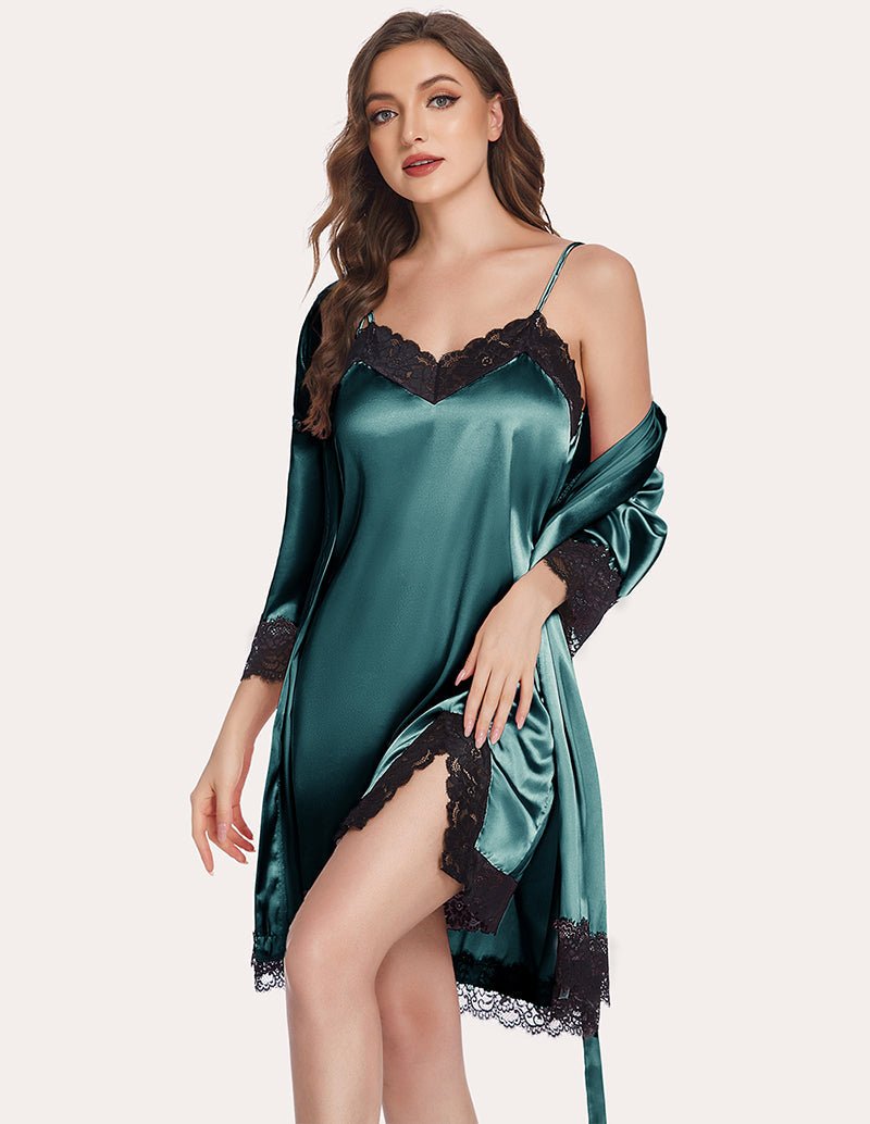 Teal satin nightdress with black lace neckline and hem, front view