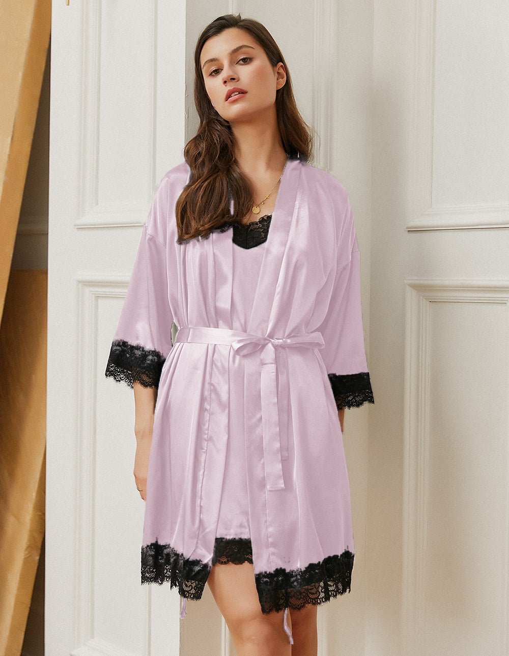 Misty rose satin robe with waist tie and black lace cuffs and hem