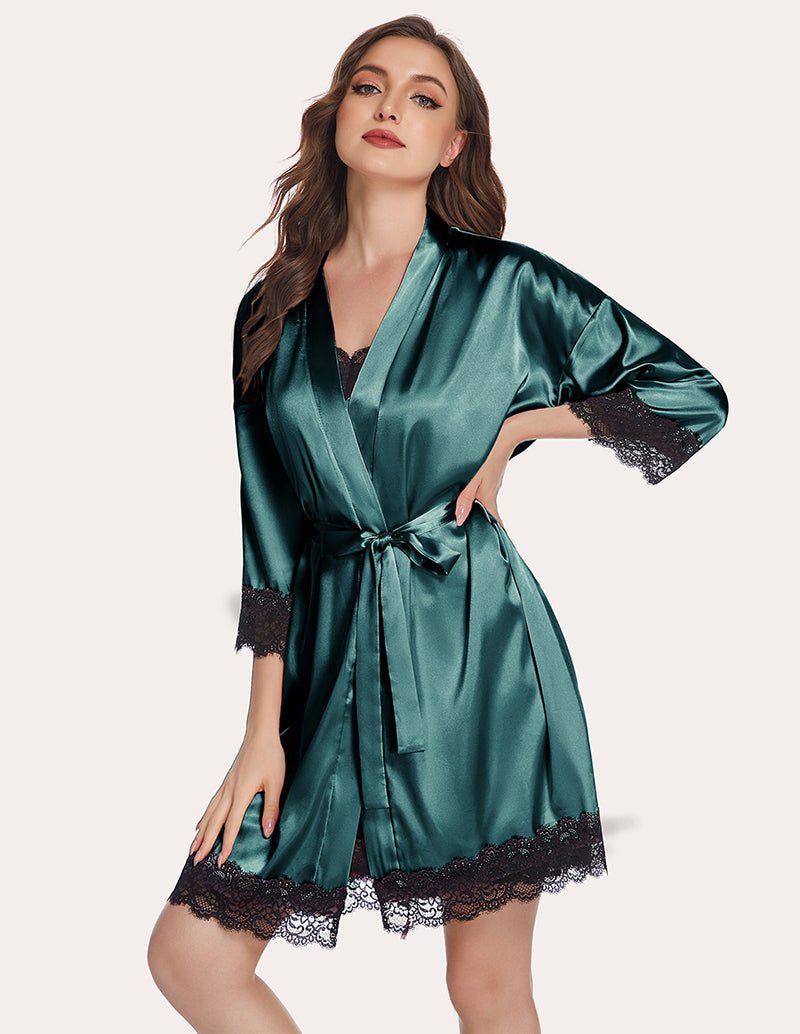Dark green satin robe with waist tie and black lace trim at hem