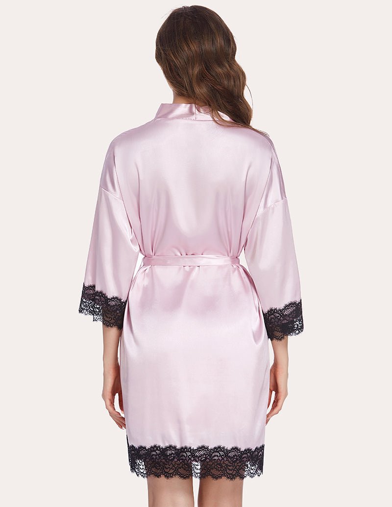 Misty rose satin robe, back view, with waist tie and black lace trim