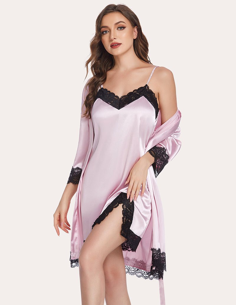 Misty rose satin nightdress with black lace V-neck and scalloped hem