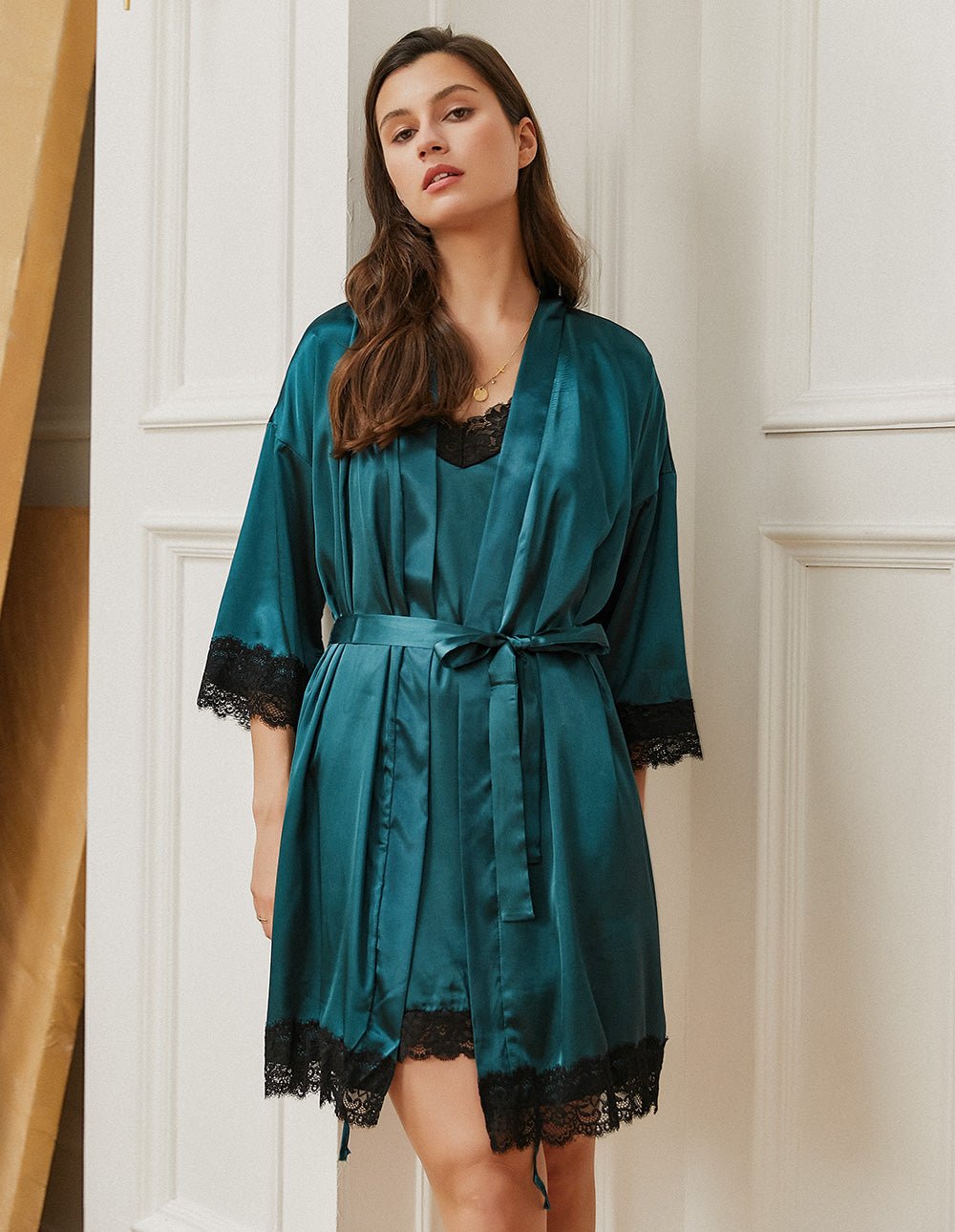 Teal satin robe dress with black lace trim and belt tie at waist