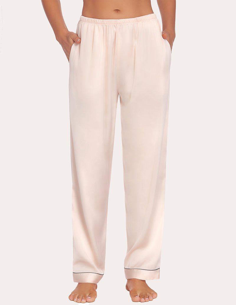 Light cream satin pajama pants with elastic waistband and contrast cuff piping
