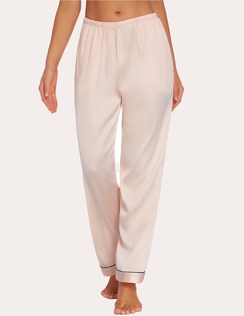 Light cream satin pajama pants with elastic waist and contrast cuff trim