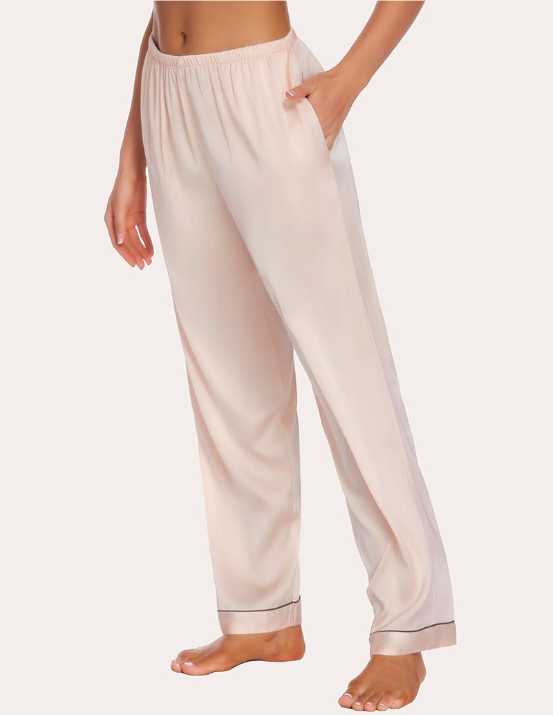 Light cream satin pajama pants with elastic waistband and contrast cuff piping