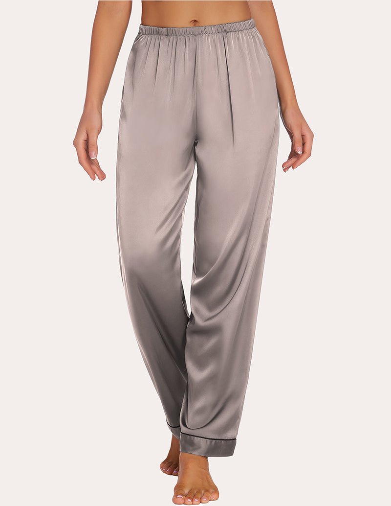 Satin pajama pants in taupe with elastic waistband and tapered, cuffed hem.