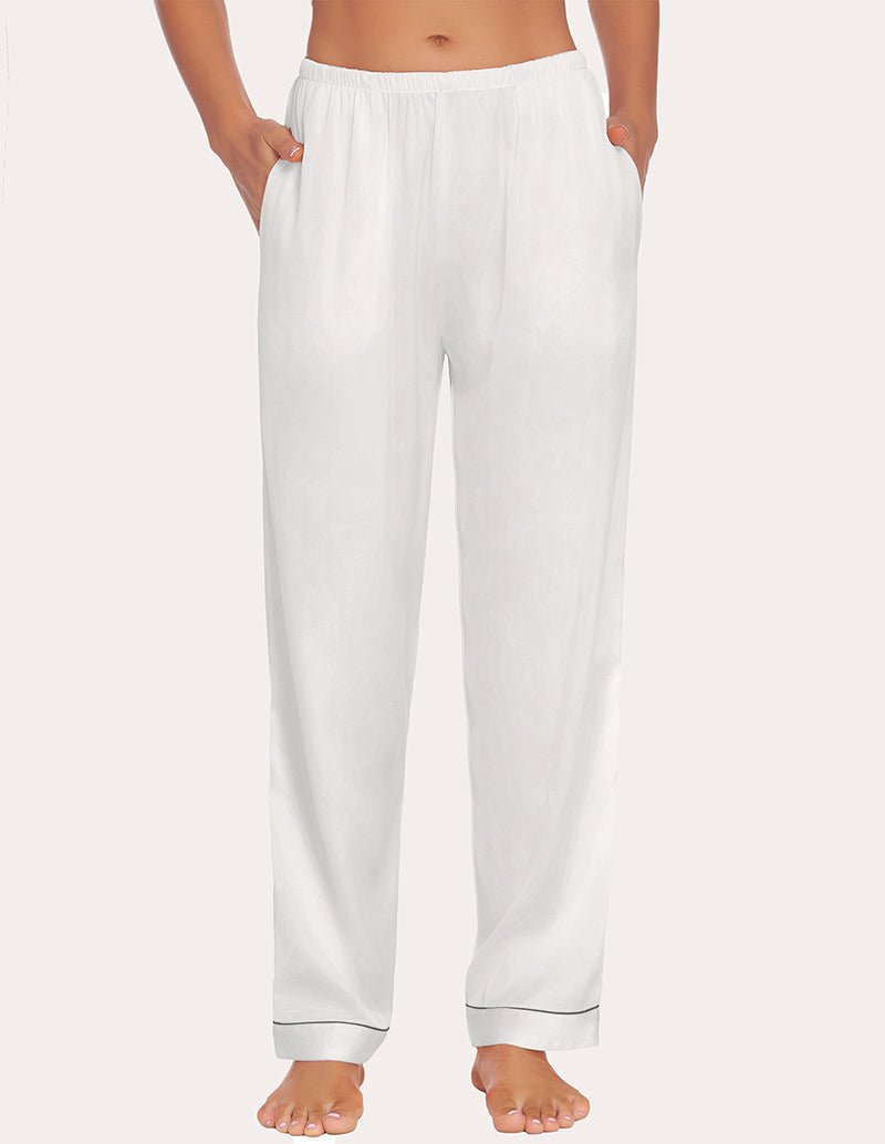 White satin pajama pants with elastic waistband and relaxed straight legs; cuffed hems.