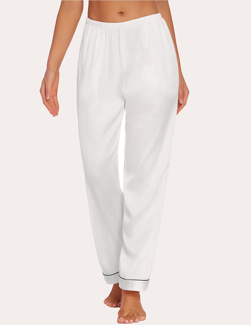 White satin pajama pants with elastic waistband and relaxed straight leg fit; cuffed hem.