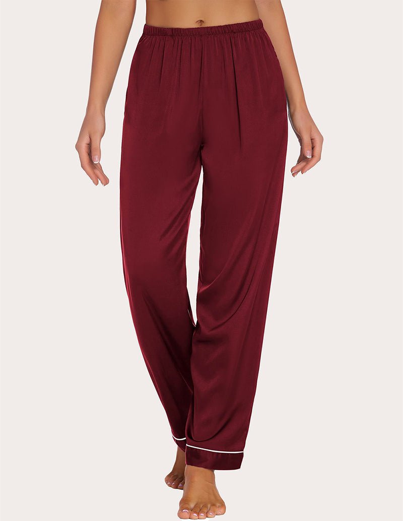 Wine-red satin pajama pants, elastic waistband, contrast piping at hems