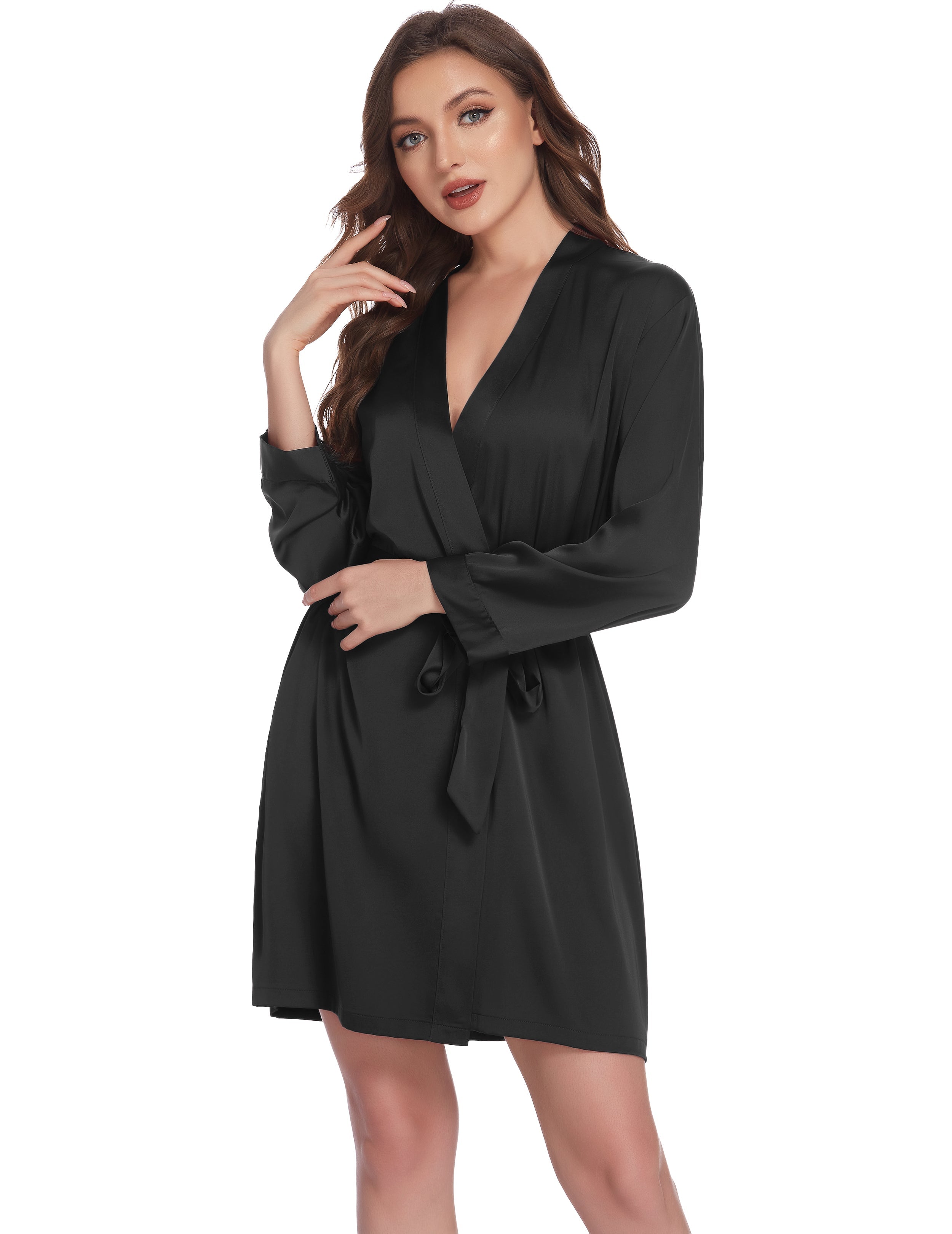 Black satin pajama robe with V-neck, long sleeves, and tied waist belt