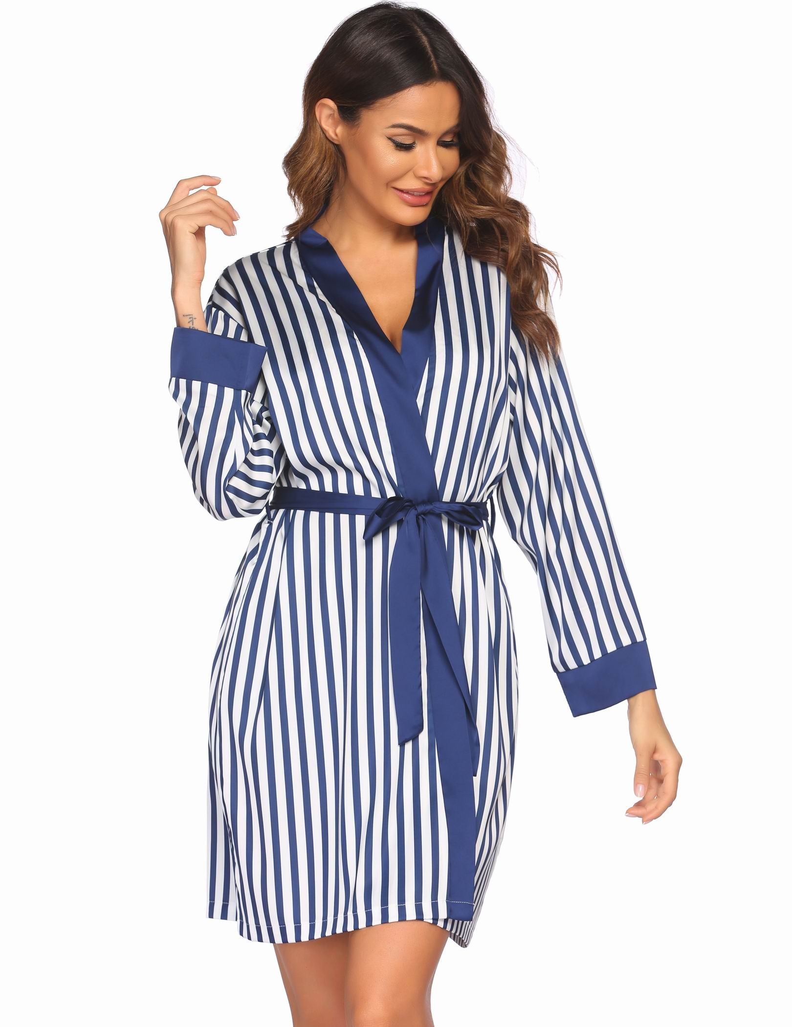 Navy blue striped satin pajama robe set with belt, 3-piece pajama set